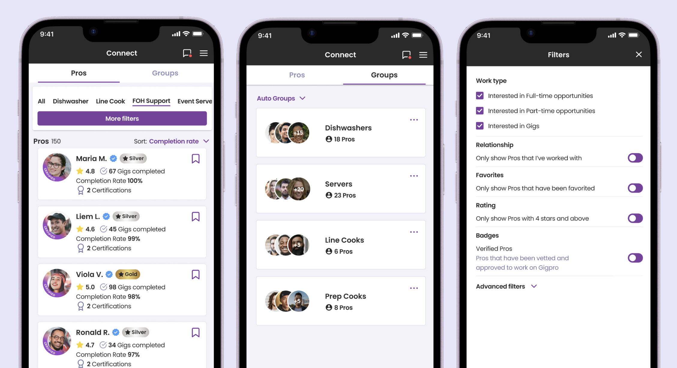 Connect screens showing a list of trusted Pros with completion rates and certifications, an auto-generated Groups tab, and filters for relationship, favorites, and rating