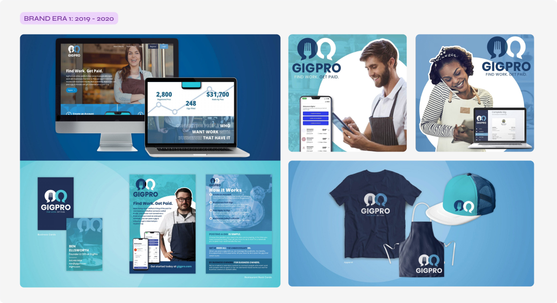 Brand Era 1, 2019 to 2020: the original SideGig-to-Gigpro rebrand shown across website, business cards, marketing collateral, and merchandise