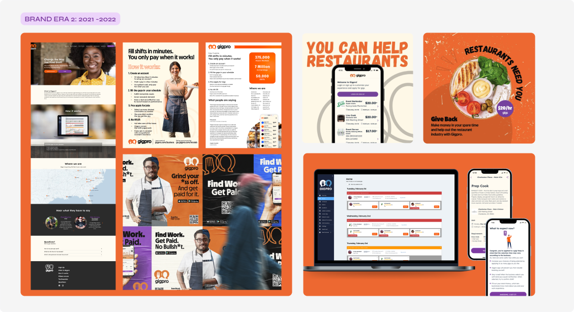 Brand Era 2, 2021 to 2022: the second Gigpro rebrand shown across the marketing site, social ads, and the business web app