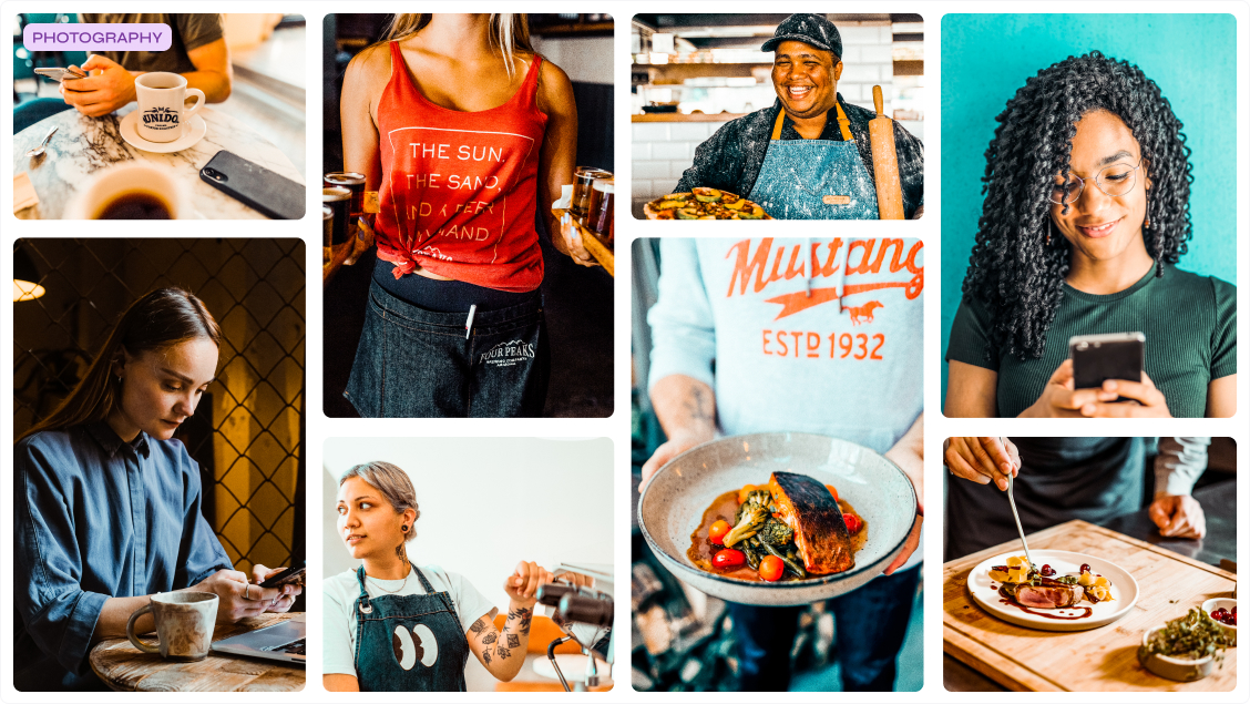 Grid of photojournalistic-style hospitality photography: workers, chefs, and plated dishes, curated for a warmer, more authentic brand feel
