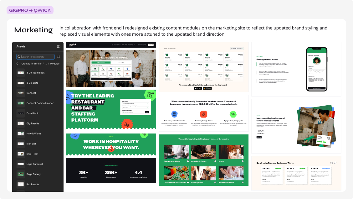 Marketing panel showing the Qwick-branded marketing site, ad templates, and business-facing collateral redesigned to reflect the updated brand