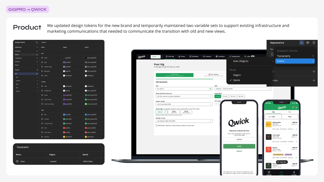 Product panel showing updated Gigpro-to-Qwick design tokens alongside the rebranded business web app and Pro mobile app