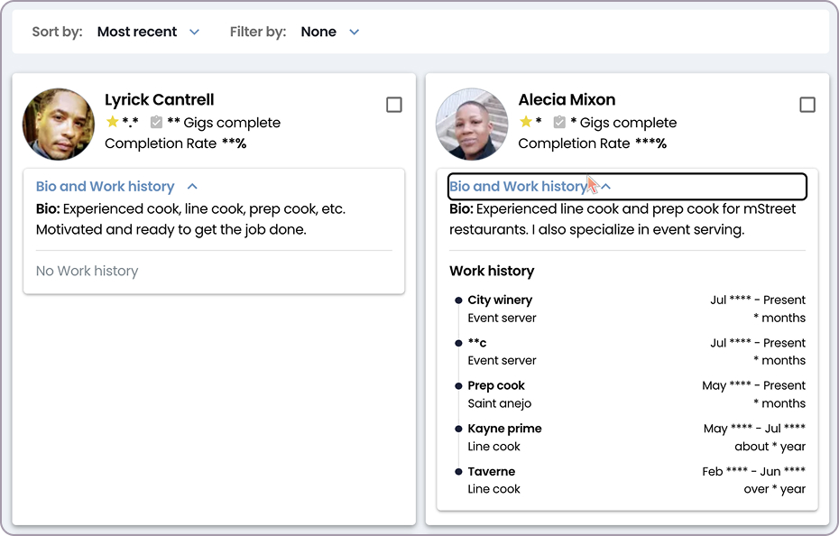View of the Pro Profile Card (Before). Seasoned hospitality professionals sat side by side with those who had little to no background in hospitality.