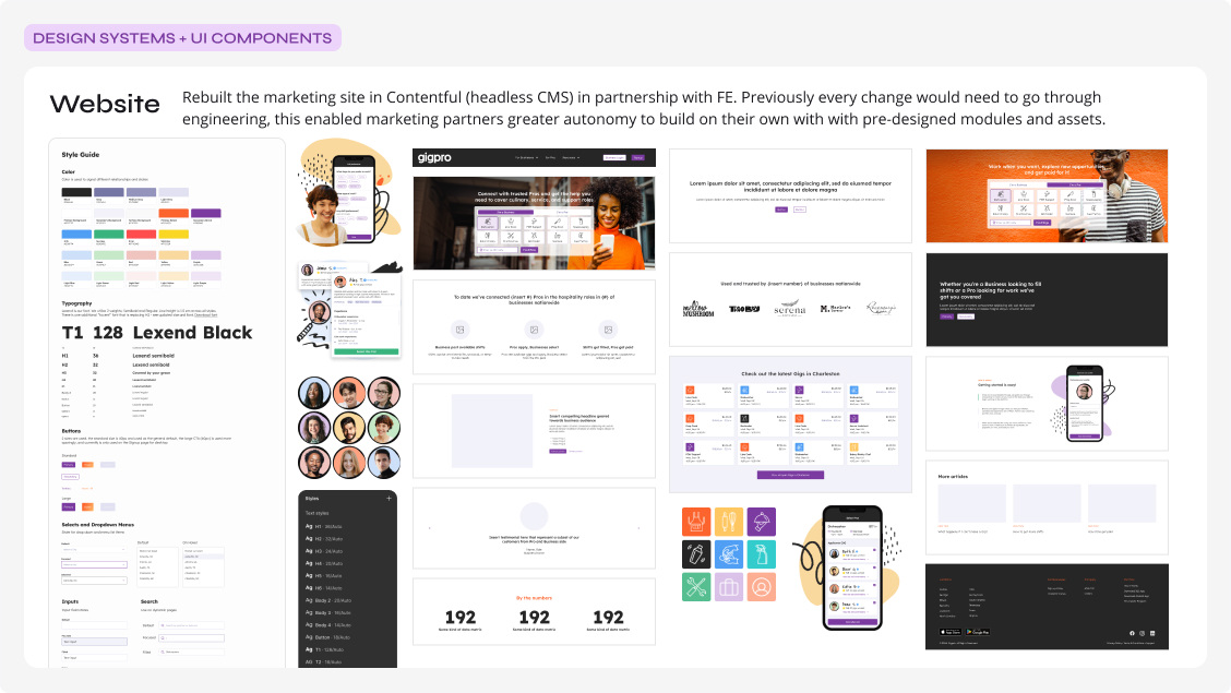 Website design system panel: style guide, color and typography tokens, and applied UI modules for the marketing site rebuilt in Contentful