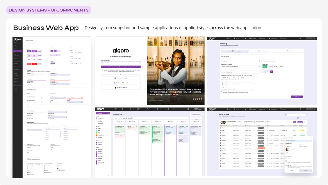 Business Web App design system panel: components, sign-up flow, post-a-gig form, schedule, and shift roster screens