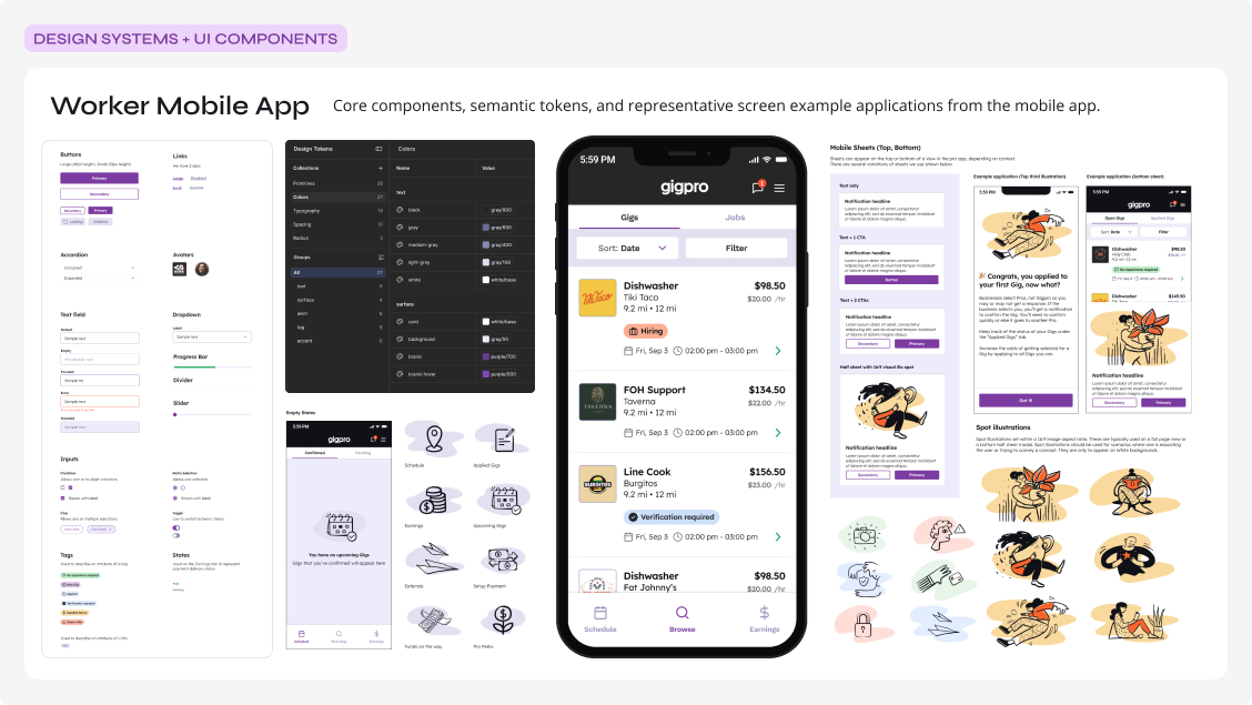Worker Mobile App design system panel: buttons, links, design tokens, gig browse screen, empty states, and spot illustrations